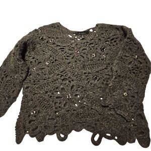 White House Black Market Gray Crochet‎ Embellished Sequins Sweater S/M